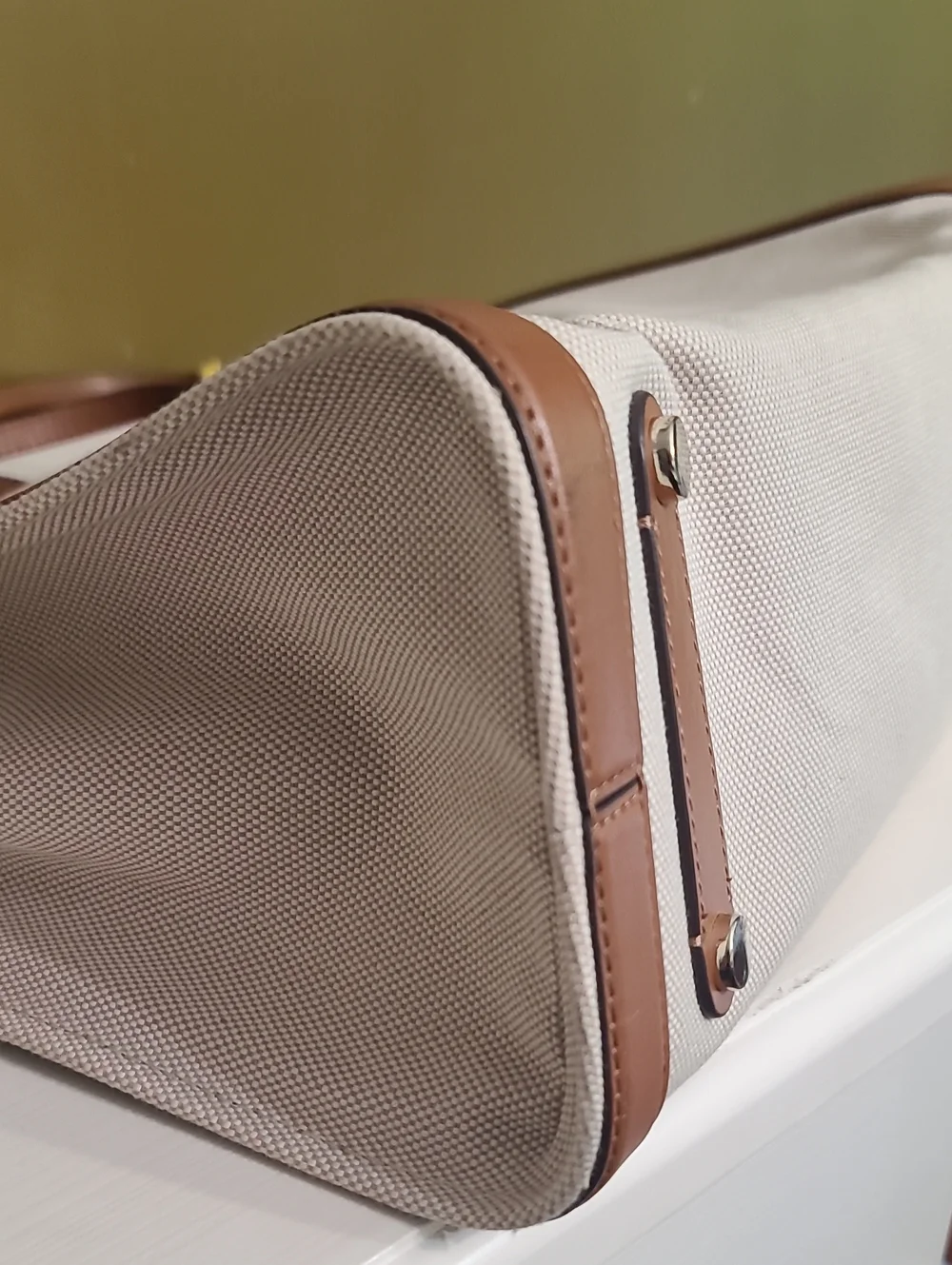kate spade Beige Canvas Tote with Brown Trim and Yellow Charm